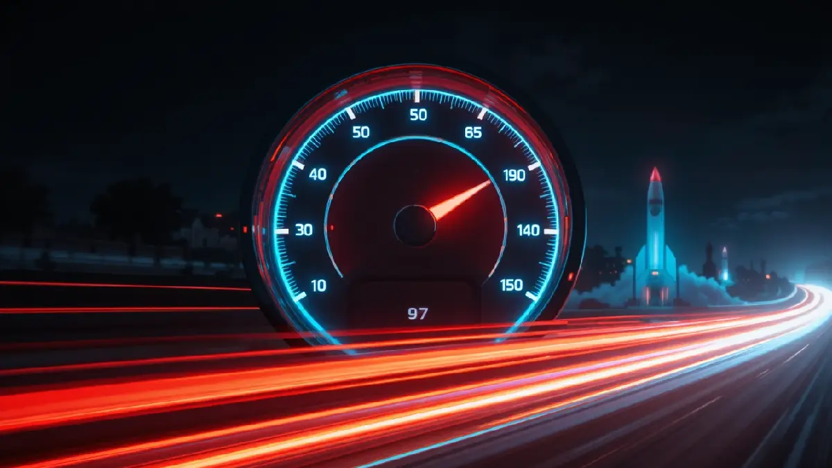 Velocímetro digital mostrando transição de nota 40 em vermelho para 97 em cyan brilhante — conceito de otimização de PageSpeed Insights
