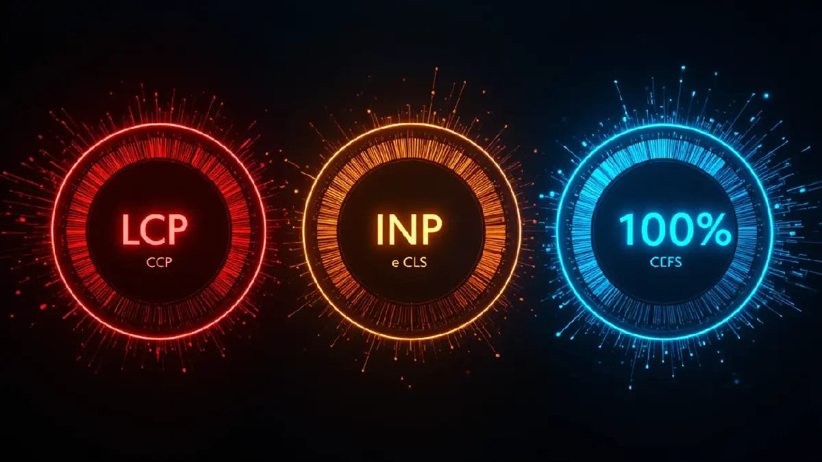 Três medidores circulares de performance representando as métricas Core Web Vitals LCP, INP e CLS — com destaque em cyan para nota máxima