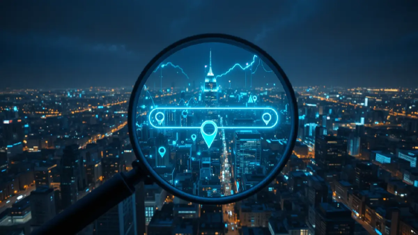 Vista aérea noturna de cidade com sobreposição de lupa digital e pins de localização em cyan — representando estratégia de SEO local no Google