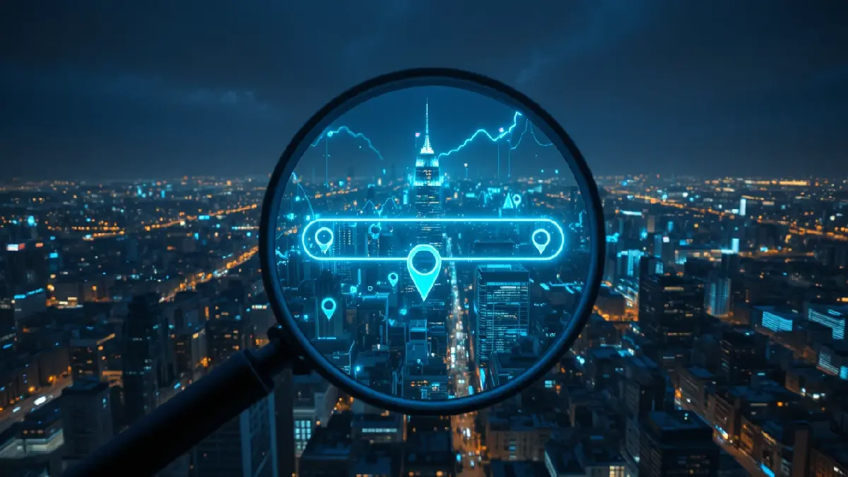 Vista aérea noturna de cidade com sobreposição de lupa digital e pins de localização em cyan — representando estratégia de SEO local no Google