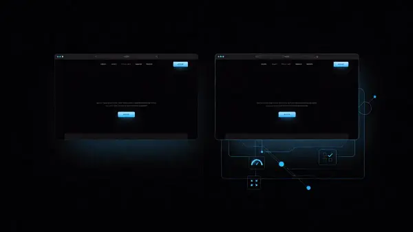 Dois sites institucionais lado a lado, aparência quase idêntica na tela, com camadas técnicas invisíveis destacadas em cyan por baixo do design