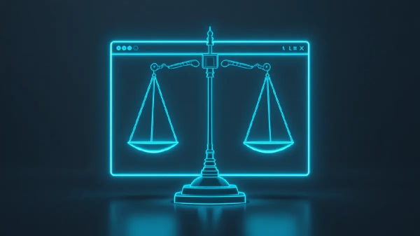 Balança da justiça em traços cyan brilhantes sobre wireframe de site profissional — conceito de site para advogados e escritórios de advocacia