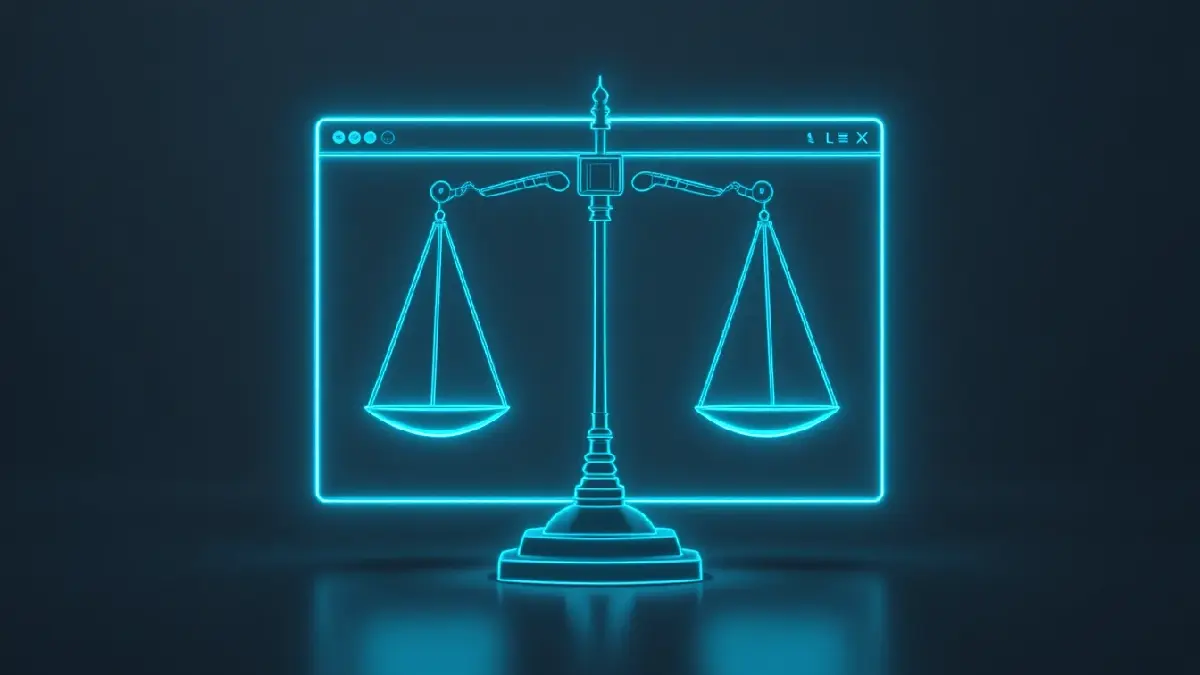 Balança da justiça em traços cyan brilhantes sobre wireframe de site profissional — conceito de site para advogados e escritórios de advocacia