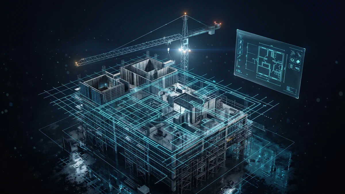 Prédio em construção com planta baixa sobreposta em traços cyan brilhantes sobre wireframe de site profissional — conceito de site para construtoras e incorporadoras