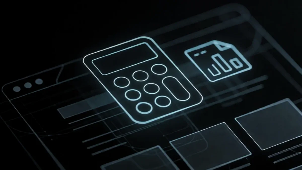 Símbolo de calculadora e planilha em traços cyan brilhantes sobre wireframe de site profissional — conceito de site para contadores e escritórios de contabilidade