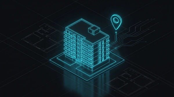 Maquete de prédio residencial com pin de localização em traços cyan brilhantes sobre wireframe de site profissional — conceito de site para imobiliárias e corretores de imóveis