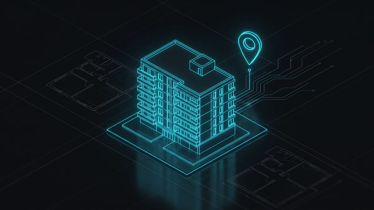 Maquete de prédio residencial com pin de localização em traços cyan brilhantes sobre wireframe de site profissional — conceito de site para imobiliárias e corretores de imóveis