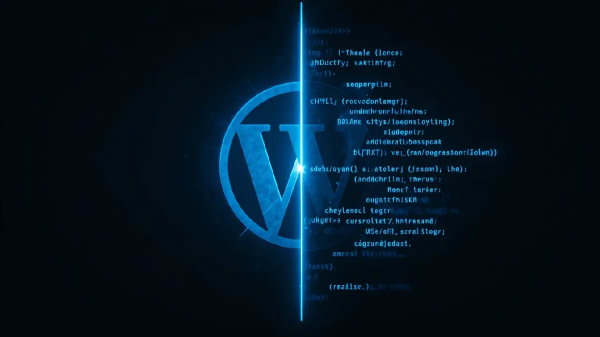 Comparação visual entre WordPress e desenvolvimento em código puro — composição dividida com ícones tecnológicos em fundo escuro