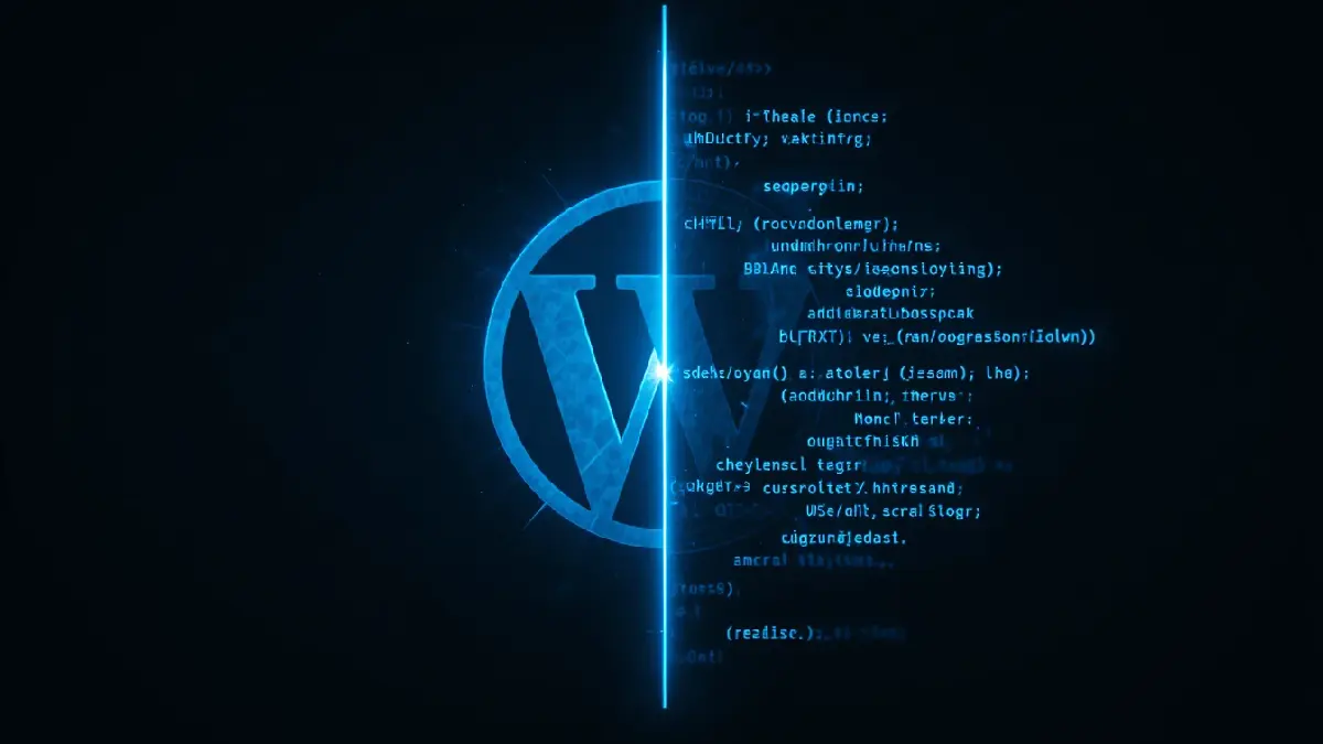 Comparação visual entre WordPress e desenvolvimento em código puro — composição dividida com ícones tecnológicos em fundo escuro