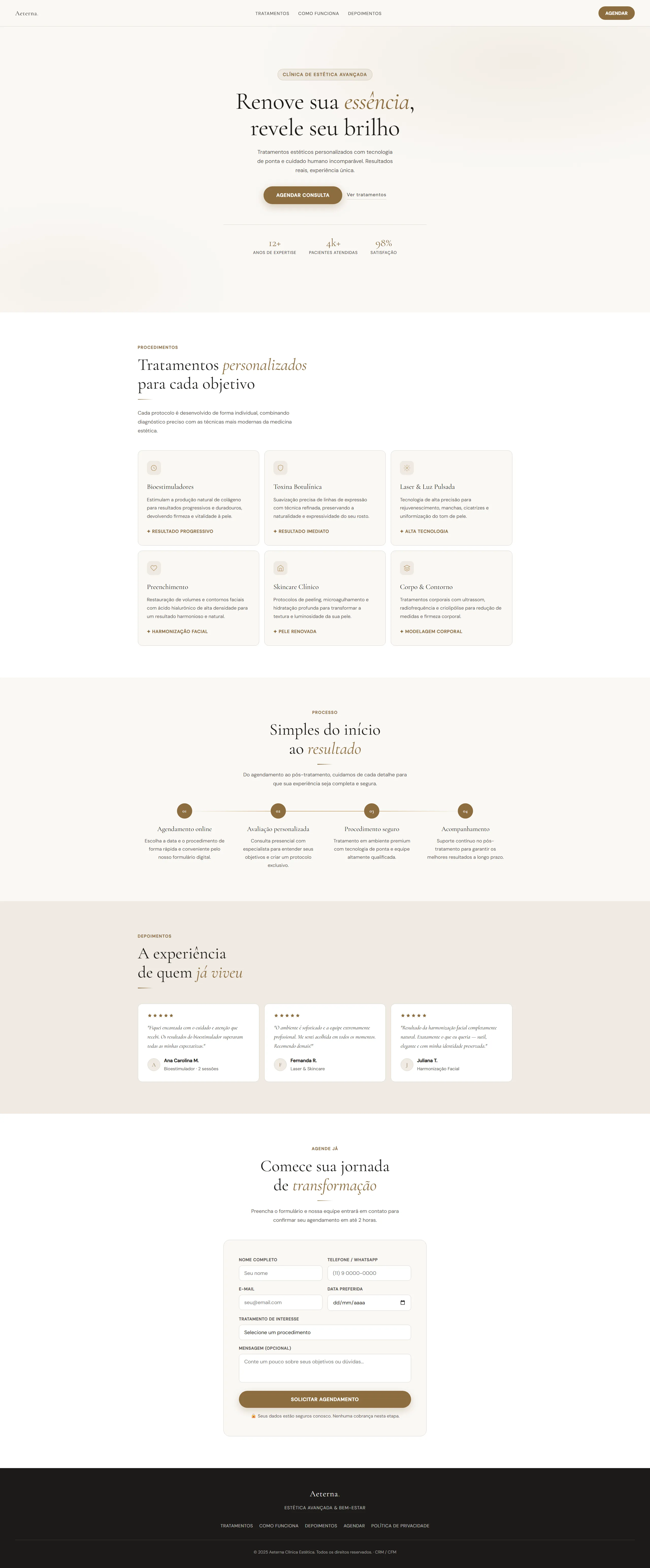 Landing page para clínica de estética desenvolvida pela QuinStudio com tratamentos e formulário de agendamento