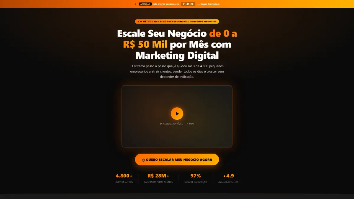 Landing page de vendas para curso online desenvolvida pela QuinStudio em código puro — prova social, tabela de preços e nota 97 no Google PageSpeed Insights