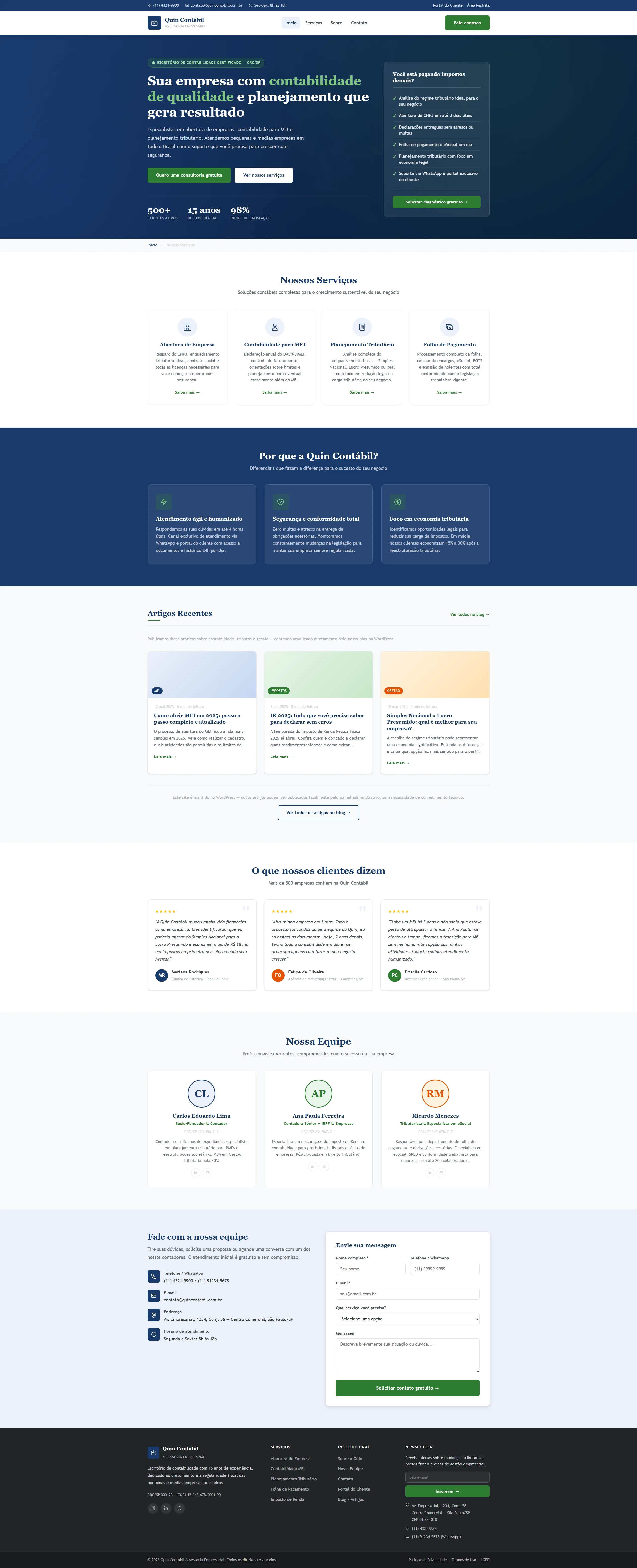 Site WordPress para escritório de contabilidade desenvolvido pela QuinStudio com blog de artigos contábeis