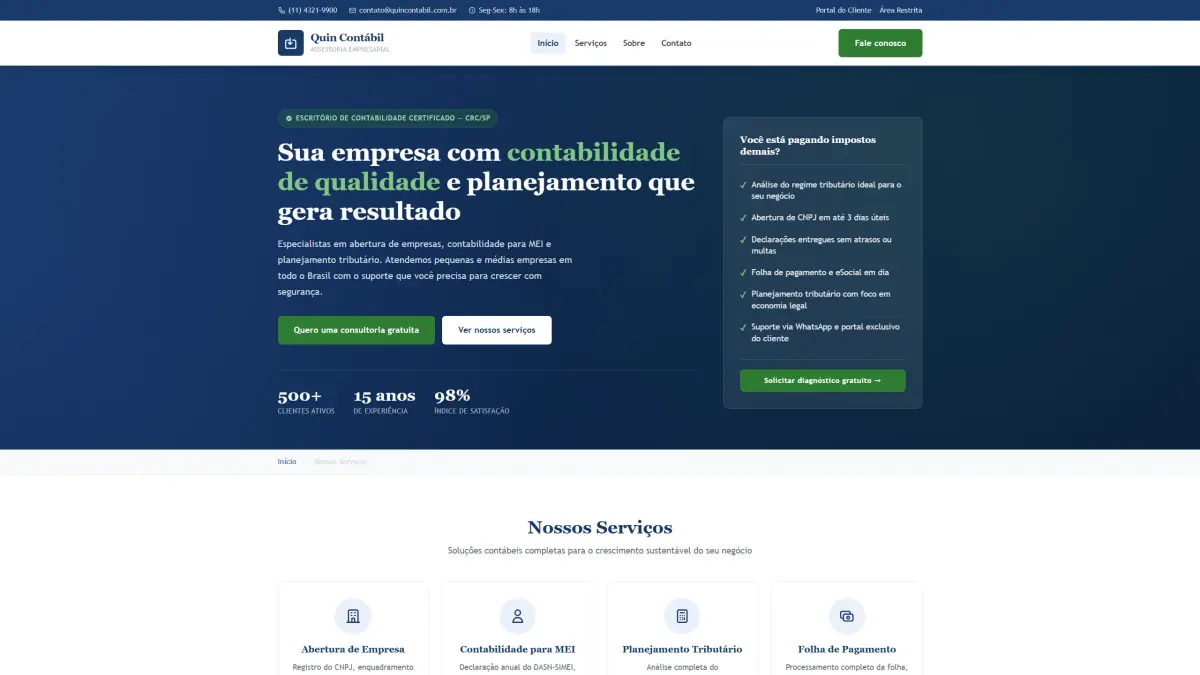 Site WordPress profissional para escritório de contabilidade desenvolvido pela QuinStudio — tema customizado, blog de artigos contábeis e nota 92 no Google PageSpeed