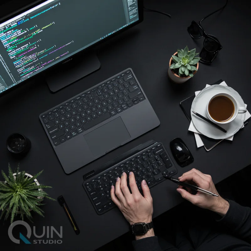 Desenvolvedor da QuinStudio trabalhando em código — estúdio de engenharia web em São Paulo